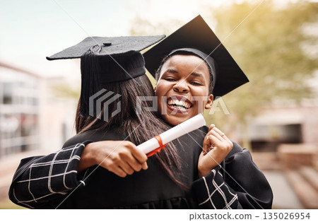 Friends, hug and graduation at college for students with a diploma and support outdoor. Graduate women excited to celebrate university achievement, education success and future at school event Friends, hug and graduation at college for students with a diploma and support outdoor. Graduate women excited to celebrate university achievement, education success and future at school event 135026954