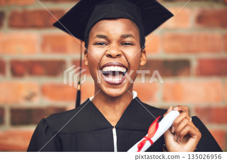Black woman, graduation and portrait of a college student with a diploma and happiness outdoor. Female person excited to celebrate university achievement, education success and future at school event Black woman, graduation and portrait of a college student with a diploma and happiness outdoor. Female person excited to celebrate university achievement, education success and future at school event 135026956