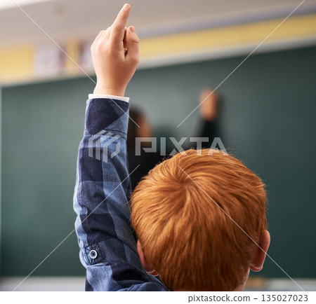 Student, hand and child in classroom with question for teacher, education and learning with school blackboard. Boy, raise arm and questions for knowledge, information and development in class Student, hand and child in classroom with question for teacher, education and learning with school blackboard. Boy, raise arm and questions for knowledge, information and development in class 135027023