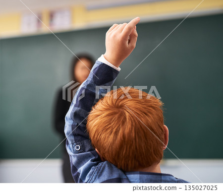 Child, question and student in classroom with question for teacher, education and learning with school blackboard. Boy, raise arm and questions for knowledge, information and development in class Child, question and student in classroom with question for teacher, education and learning with school blackboard. Boy, raise arm and questions for knowledge, information and development in class 135027025