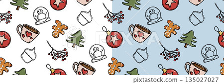 Christmas doodle seamless pattern on white and blue background Christmas doodle seamless pattern on white and blue background 135027027