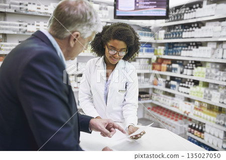 Senior man shopping, medicine prescription or pharmacist in pharmacy store for retail healthcare info or pills. Black woman or doctor helping mature customer with medication receipt or medical drugs 135027050