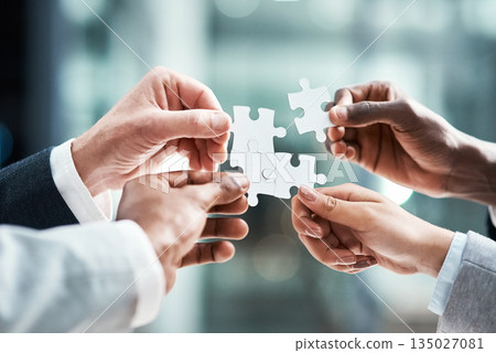 Puzzle, teamwork or group of people hands for solution, business goals and integration of workflow or success. Team building, games and development of person problem solving, synergy or collaboration Puzzle, teamwork or group of people hands for solution, business goals and integration of workflow or success. Team building, games and development of person problem solving, synergy or collaboration 135027081