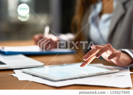 Business woman, tablet and screen for planning, legal research and writing documents at night. Typing, scroll and professional person or lawyer hands on digital tech, policy paperwork and job report Business woman, tablet and screen for planning, legal research and writing documents at night. Typing, scroll and professional person or lawyer hands on digital tech, policy paperwork and job report 135027095