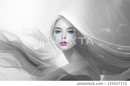 Monochrome veiled beautiful woman illustration Monochrome veiled beautiful woman illustration 135027132