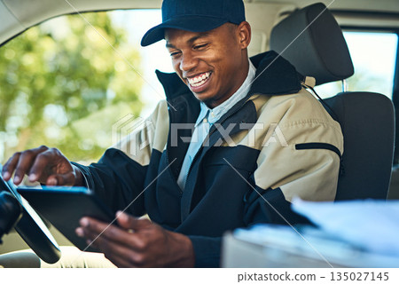 Delivery, courier van and black man with tablet for distribution, shipping logistics and transport. Ecommerce, online shopping and male worker on digital tech to deliver package, order and product Delivery, courier van and black man with tablet for distribution, shipping logistics and transport. Ecommerce, online shopping and male worker on digital tech to deliver package, order and product 135027145