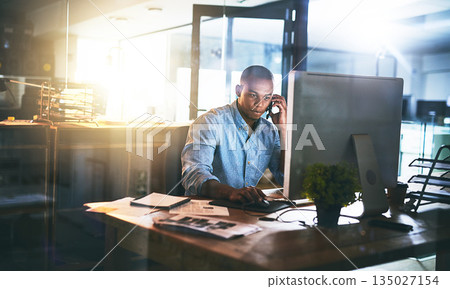 Business man call, night working and computer with office communication and project web research. African male worker, technology and phone for website networking for company with tech and internet Business man call, night working and computer with office communication and project web research. African male worker, technology and phone for website networking for company with tech and internet 135027154
