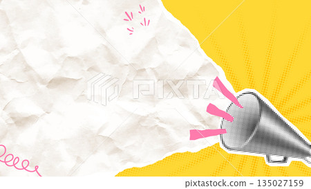 Megaphone Announcement Background with Copy Space, Paper Texture, Halftone Dots and Bright Yellow Pop Art Style for Marketing, Promotion and Message Design. Vector Illustration Megaphone Announcement Background with Copy Space, Paper Texture, Halftone Dots and Bright Yellow Pop Art Style for Marketing, Promotion and Message Design. Vector Illustration 135027159