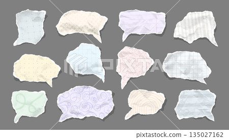 Torn Paper Speech Bubble Set with Hand Cut Rough Edges, Soft Pastel Pattern Crumpled Textures. Unique Irregular Creative Ripped Scrapbook Craft Elements for Notes Messages Quotes. Vector Illustration Torn Paper Speech Bubble Set with Hand Cut Rough Edges, Soft Pastel Pattern Crumpled Textures. Unique Irregular Creative Ripped Scrapbook Craft Elements for Notes Messages Quotes. Vector Illustration 135027162