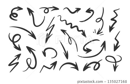 Arrow Hand Drawn Set with Curved, Zigzag and Swirl Shapes. Black Ink Doodle Arrows, Directional Pointers for Collage Emphasis, Infographics Creative Design Expressive Accent. Vector Illustration 135027168