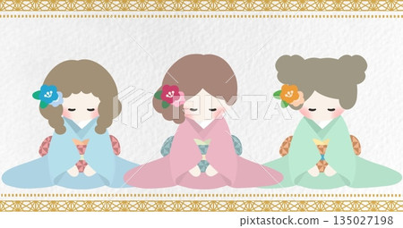 一個穿著和服形狀的女人鞠躬 135027198