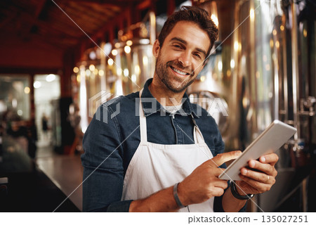Tablet, beer and brewery with portrait of man for production, manufacturing and alcohol fermentation. Technology, inspection and digital with business owner for distillery, storage or quality control Tablet, beer and brewery with portrait of man for production, manufacturing and alcohol fermentation. Technology, inspection and digital with business owner for distillery, storage or quality control 135027251