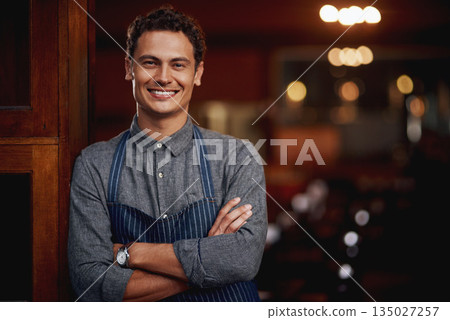 Portrait, man and small business owner of cafe, restaurant or pub with a smile for career pride. Male entrepreneur person as manager, barista and waiter or bartender at door for shop welcome greeting Portrait, man and small business owner of cafe, restaurant or pub with a smile for career pride. Male entrepreneur person as manager, barista and waiter or bartender at door for shop welcome greeting 135027257