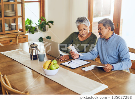 Finance, laptop and senior couple with bills, paperwork and receipt documents for life insurance. Retirement, fintech and elderly man and woman on computer for mortgage payment, investment and budget Finance, laptop and senior couple with bills, paperwork and receipt documents for life insurance. Retirement, fintech and elderly man and woman on computer for mortgage payment, investment and budget 135027298