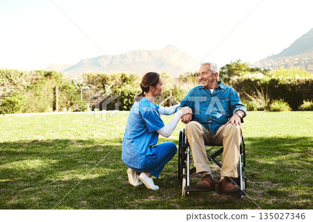 Senior man, nurse and wheelchair in nature for healthcare support, life insurance or garden at nursing home. Happy elderly male and woman caregiver helping person with disability or patient outdoors Senior man, nurse and wheelchair in nature for healthcare support, life insurance or garden at nursing home. Happy elderly male and woman caregiver helping person with disability or patient outdoors 135027346