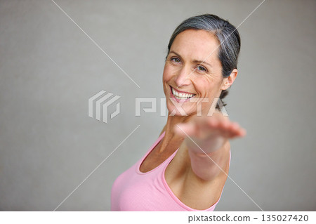 Senior woman, portrait and yoga pose with smile in studio with mockup space for health, balance and exercise on wall background. Face, meditation and mature lady happy with zen workout or training Senior woman, portrait and yoga pose with smile in studio with mockup space for health, balance and exercise on wall background. Face, meditation and mature lady happy with zen workout or training 135027420
