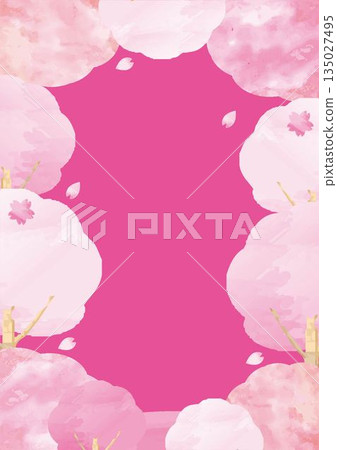 Cherry blossom frame in full bloom. Spring background material with watercolor soft cherry blossoms and copy space Cherry blossom frame in full bloom. Spring background material with watercolor soft cherry blossoms and copy space 135027495