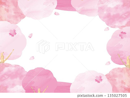Cherry blossom frame in full bloom. Spring background material with watercolor soft cherry blossoms and copy space 135027505