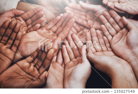 Open hands, diversity and help together with community, solidarity and support. Trust, faith and charity hands gesture with people and collaboration with crowd show palm and society and commitment 135027549