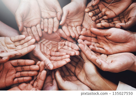 Open hands, group and together with community, solidarity and support. Trust, teamwork and charity hands gesture with people and collaboration with crowd show palm and society union and commitment 135027550