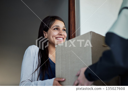 Happy, woman and courier with a package, delivery and distribution with a box, supply chain and ecommerce. Female person, customer and client with employee, worker and shipping with parcel and order Happy, woman and courier with a package, delivery and distribution with a box, supply chain and ecommerce. Female person, customer and client with employee, worker and shipping with parcel and order 135027608