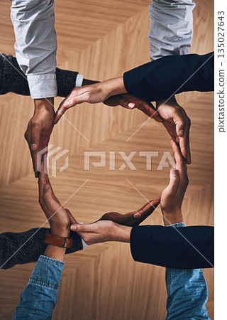 Synergy, motivation or hands of business people in circle for sustainability, support or recycling in above office. Teamwork, recycle or employees for sustainable, community help or partnership group 135027643