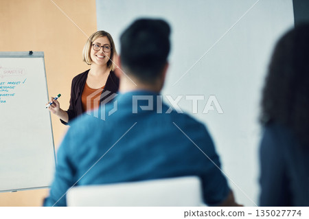 Presentation meeting, seminar speech and happy woman talking to tradeshow, sales team or investment clients. Event presenter, whiteboard and female business leader chat to listening conference group Presentation meeting, seminar speech and happy woman talking to tradeshow, sales team or investment clients. Event presenter, whiteboard and female business leader chat to listening conference group 135027774
