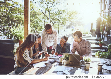 Business people, teamwork and cafe with planning, documents or brainstorming for goal with smile. Men, women and discussion with paperwork, problem solving or strategy for startup team in coffee shop Business people, teamwork and cafe with planning, documents or brainstorming for goal with smile. Men, women and discussion with paperwork, problem solving or strategy for startup team in coffee shop 135027789