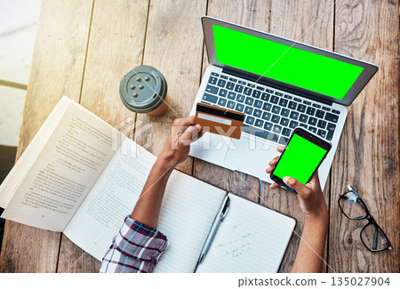 Woman, hands and credit card on technology with green screen in ecommerce, payment or purchase above at cafe. Top view of female person hand holding phone and laptop mockup display in online shopping 135027904