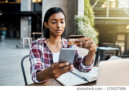 Woman, student and phone with credit card for ecommerce, wireless payment or campus loan. Female person or university learner on mobile smartphone app for online shopping, debit or banking at college Woman, student and phone with credit card for ecommerce, wireless payment or campus loan. Female person or university learner on mobile smartphone app for online shopping, debit or banking at college 135027906