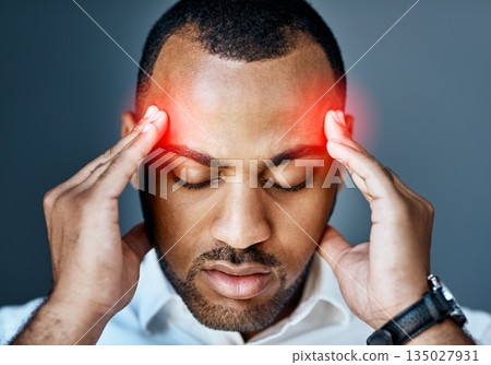 Business man, headache and stress with red overlay, mental health problem and crisis with corporate burnout. Male professional face with pain, migraine and hands massage temple on studio background Business man, headache and stress with red overlay, mental health problem and crisis with corporate burnout. Male professional face with pain, migraine and hands massage temple on studio background 135027931