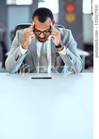 Business man, headache and stress with burnout, mental health problem and crisis with corporate fatigue. Male professional with migraine, pain and tired, depression and anxiety with mockup space Business man, headache and stress with burnout, mental health problem and crisis with corporate fatigue. Male professional with migraine, pain and tired, depression and anxiety with mockup space 135027932