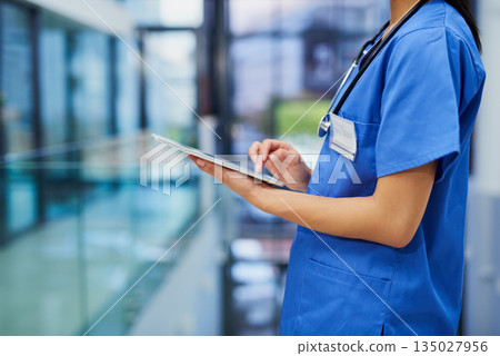 Nurse scroll tablet, woman with digital healthcare information and technology, medical professional in hospital. Hands of female person in medicine, review health chart for diagnosis and mockup space Nurse scroll tablet, woman with digital healthcare information and technology, medical professional in hospital. Hands of female person in medicine, review health chart for diagnosis and mockup space 135027956