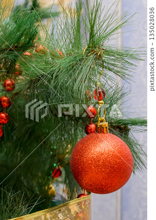 red shiny ball hanging on a branch of an artificial spruce red shiny ball hanging on a branch of an artificial spruce 135028036