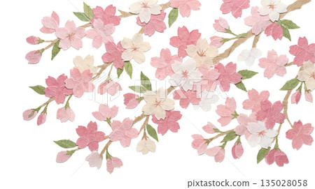 Paper cut-out style illustration of cherry blossoms and branches made with Japanese paper 135028058