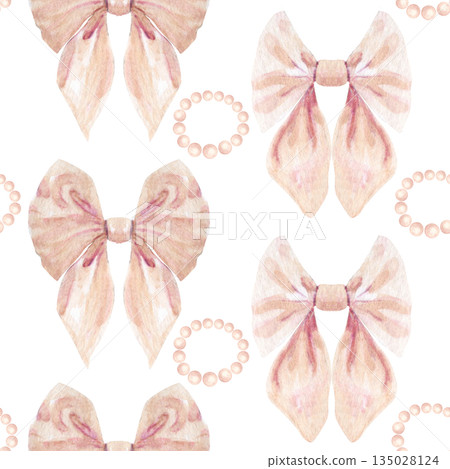 Watercolor bow, pearl bracelet seamless pattern in soft blush nude tones isolated on white. Hand-painted collection for fashion design, wedding stationery, branding, gift wrapping, beauty projects. 135028124