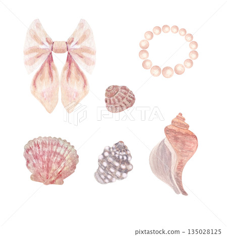 Watercolor set with bow, pearls, seashells, blush and nude tones, isolated on white. Hand-painted elegant elements for fashion design, wedding stationery, branding, beauty packaging, summer projects 135028125