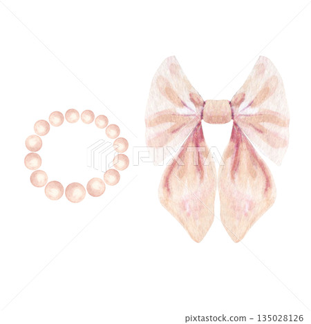 Watercolor bow, pearl bracelet set in soft blush and nude tones, isolated on white. Hand-painted decorative collection for fashion design, wedding stationery, branding, gift wrapping, beauty projects. 135028126