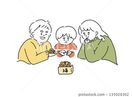 手繪插圖，描繪一家人吃福豆慶祝節分。 135028302