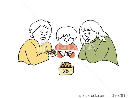 Hand-drawn illustration of a family eating lucky beans for Setsubun Hand-drawn illustration of a family eating lucky beans for Setsubun 135028303