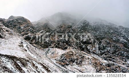 The Himalayan mountain landscape on the trekking route from Khare to Panch Pokhari in Nepal. The Himalayan mountain landscape on the trekking route from Khare to Panch Pokhari in Nepal. 135028554