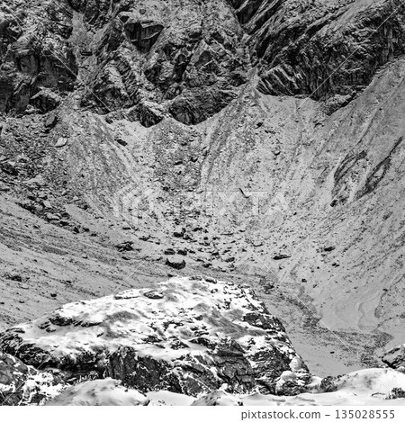 The Himalayan mountain landscape on the trekking route from Khare to Panch Pokhari in Nepal. The Himalayan mountain landscape on the trekking route from Khare to Panch Pokhari in Nepal. 135028555