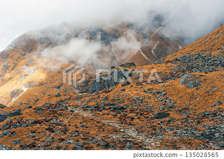 The Himalayan mountain landscape on the trekking route from Khare to Panch Pokhari in Nepal. 135028565