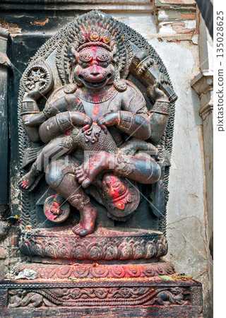 Hindu shrine statue during Dashain holiday, Bhaktapur, Kathmandu, Nepal Hindu shrine statue during Dashain holiday, Bhaktapur, Kathmandu, Nepal 135028625