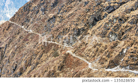 The Himalayan mountain landscape on the trekking route from Khare to Panch Pokhari in Nepal. The Himalayan mountain landscape on the trekking route from Khare to Panch Pokhari in Nepal. 135028650