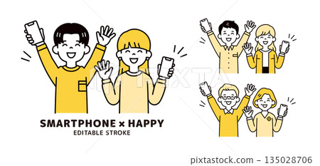 一組描繪不同年齡層情侶因智慧型手機而欣喜若狂的上半身向量插圖。 135028706