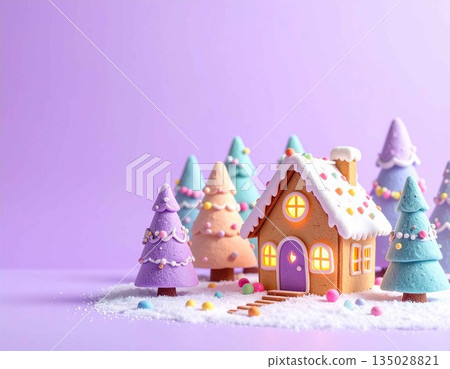 一個可愛夢幻的童話世界,薑餅屋和色彩繽紛的樹木點綴在白雪皚皚的景色中,宛如童話世界一般。 一個可愛夢幻的童話世界,薑餅屋和色彩繽紛的樹木點綴在白雪皚皚的景色中,宛如童話世界一般。 135028821