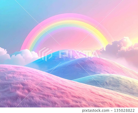 一道柔和的彩虹橫跨粉彩色的山丘，營造出如夢似幻的童話世界。這裡象徵著希望、未來和正面的情緒。 135028822