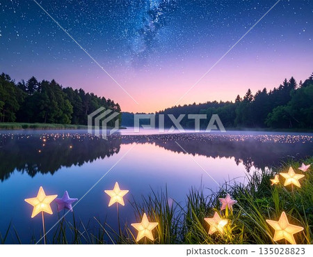 星光灑在平靜的湖面上，映襯著迷人的夜景。宛如童話世界，閃爍著柔和光芒的毛氈般星星點點星光。 135028823