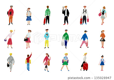 手繪水彩插圖，描繪了處於各種情境中的男女。 135028947